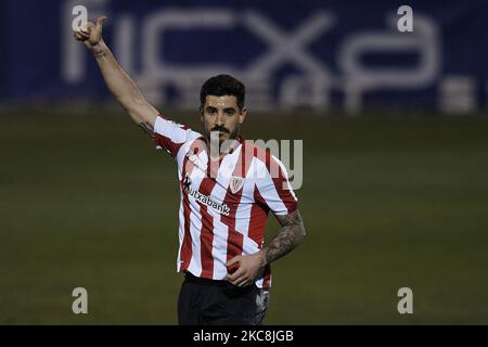 Yuri Berchiche of Athletic gestures during the round of 16 of the Copa del Rey between CD Alcoyano and Athletic Club at the Campo Municipal de El Collao on January 28, 2021 in Alcoy, Alicante, Spain. (Photo by Jose Breton/Pics Action/NurPhoto) Stock Photo