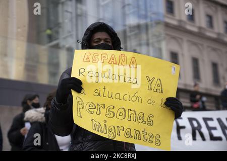 protesters during the VII March for Dignity, in memory of the so-called 'Tragedy of Tarajal', in Madrid (Spain) on February 6, 2021. This demonstration is to remember the 15 migrants who died in 2014 in Ceuta) when they tried access Spanish territory. (Photo by Oscar Gonzalez/NurPhoto) Stock Photo