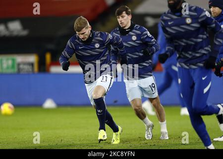 Chelsea’s Timo Werner warms up during the Premier League match between Sheffield United and Chelsea at Bramall Lane, Sheffield on Sunday 7th February 2021. (Photo by Chris Donnelly/MI News/NurPhoto) Stock Photo