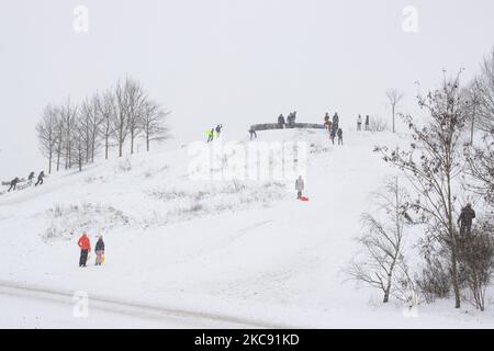 People, adults and mainly children are seen enjoying the snow, using their sleigh to slide from a hill slope near Eindhoven having fun while police protects them from passing cars to prevent any accident. Snowstorm Darcy brought subzero arctic temperature, snowfall and winds to the country covering everything with a thick layer of snow. The cold winter weather will last a few more days. Problems have been caused on the roads, public transportation and airports. Meerhoven, the Netherlands on February 8, 2021 (Photo by Nicolas Economou/NurPhoto) Stock Photo