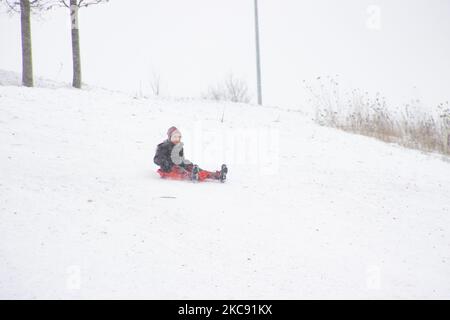 People, adults and mainly children are seen enjoying the snow, using their sleigh to slide from a hill slope near Eindhoven having fun while police protects them from passing cars to prevent any accident. Snowstorm Darcy brought subzero arctic temperature, snowfall and winds to the country covering everything with a thick layer of snow. The cold winter weather will last a few more days. Problems have been caused on the roads, public transportation and airports. Meerhoven, the Netherlands on February 8, 2021 (Photo by Nicolas Economou/NurPhoto) Stock Photo