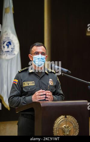 Colombia's Defense minister, Diego Molano, (Out Of Frame) holds a press conference alongside the Major General of the Colombian Police, Jorge Luis Vargas reinforcing police and military after the Colombian ambassador in Cuba announced that the ELN Guerrilla was presumed to elaborate a terrorist attack on the following days. on February 9, 2021 in Bogota, Colombia. Molano was declared the new Minister of Defense after Carlos Holmes Trujillo died to the novel Coronavirus disease. (Photo by Sebastian Barros/NurPhoto) Stock Photo