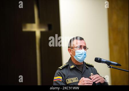 Colombia's Defense minister, Diego Molano, (Out Of Frame) holds a press conference alongside the Major General of the Colombian Police, Jorge Luis Vargas reinforcing police and military after the Colombian ambassador in Cuba announced that the ELN Guerrilla was presumed to elaborate a terrorist attack on the following days. on February 9, 2021 in Bogota, Colombia. Molano was declared the new Minister of Defense after Carlos Holmes Trujillo died to the novel Coronavirus disease. (Photo by Sebastian Barros/NurPhoto) Stock Photo