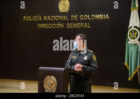 Colombia's Defense minister, Diego Molano, (Out Of Frame) holds a press conference alongside the Major General of the Colombian Police, Jorge Luis Vargas reinforcing police and military after the Colombian ambassador in Cuba announced that the ELN Guerrilla was presumed to elaborate a terrorist attack on the following days. on February 9, 2021 in Bogota, Colombia. Molano was declared the new Minister of Defense after Carlos Holmes Trujillo died to the novel Coronavirus disease. (Photo by Sebastian Barros/NurPhoto) Stock Photo