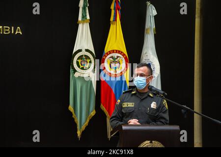 Colombia's Defense minister, Diego Molano, (Out Of Frame) holds a press conference alongside the Major General of the Colombian Police, Jorge Luis Vargas reinforcing police and military after the Colombian ambassador in Cuba announced that the ELN Guerrilla was presumed to elaborate a terrorist attack on the following days. on February 9, 2021 in Bogota, Colombia. Molano was declared the new Minister of Defense after Carlos Holmes Trujillo died to the novel Coronavirus disease. (Photo by Sebastian Barros/NurPhoto) Stock Photo