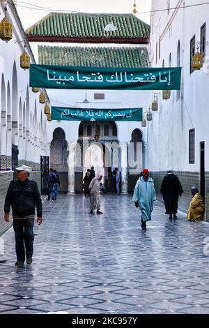 Entrance to the mosque and mausoleum complex of Moulay Idris I in the town of Moulay Idriss (Moulay Idriss Zerhoun) in Morocco, Africa. The holy town of Moulay Idriss was where Moulay Idriss I arrived in 789, bringing with him the religion of Islam, and starting a new dynasty. Idris I (known as Moulay Idris) was a descendant of the Prophet Muhammad who fled from Abbasid-controlled territory after the Battle of Fakh because he had supported the defeated pro-Shi'a rebels. (Photo by Creative Touch Imaging Ltd./NurPhoto) Stock Photo