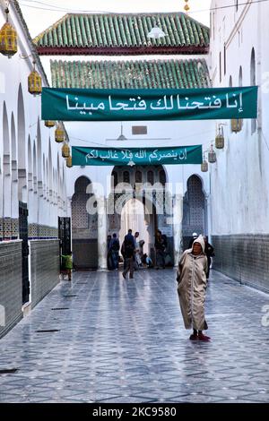 Entrance to the mosque and mausoleum complex of Moulay Idris I in the town of Moulay Idriss (Moulay Idriss Zerhoun) in Morocco, Africa. The holy town of Moulay Idriss was where Moulay Idriss I arrived in 789, bringing with him the religion of Islam, and starting a new dynasty. Idris I (known as Moulay Idris) was a descendant of the Prophet Muhammad who fled from Abbasid-controlled territory after the Battle of Fakh because he had supported the defeated pro-Shi'a rebels. (Photo by Creative Touch Imaging Ltd./NurPhoto) Stock Photo