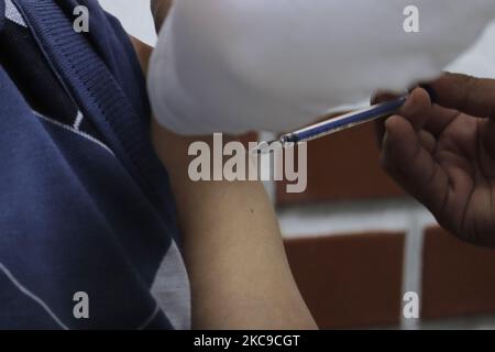 Medical personnel immunize older adults at a health center in the municipality of Milpa Alta, Mexico City, where the AstraZeneca and Oxford University vaccine were administered against COVID-19 for people aged 60 years and over. (Photo by Gerardo Vieyra/NurPhoto) Stock Photo