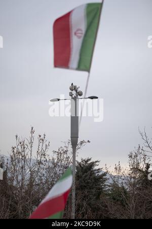5G telecommunications equipment on a MTN-Irancell tower in the Water and Fire park in northern Tehran on February 16, 2021. Iran’s first 5G network has ran by the Irancell company which is an Iranian telecommunications company that operates Iran's largest 2G-3G-4G-4.5G also 5G mobile network, and fixed wireless TD-LTE internet services. (Photo by Morteza Nikoubazl/NurPhoto) Stock Photo