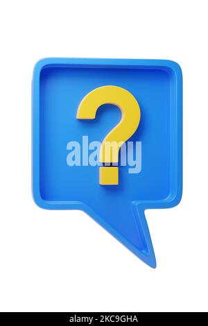 Blue speech balloon with yellow question mark isolated on white background. 3d illustration. Stock Photo