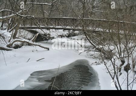 Small bridge in a park as a snowstorm dropped 10-15 centimeters of snow across the city of Toronto, Ontario, Canada, on February 18, 2021. (Photo by Creative Touch Imaging Ltd./NurPhoto) Stock Photo