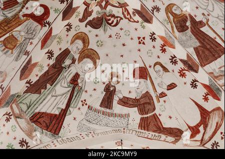 Presentation of Jesus at the Temple, a fresco from the 1500s in Fanefjord church, Denmark, October 10, 2022 Stock Photo
