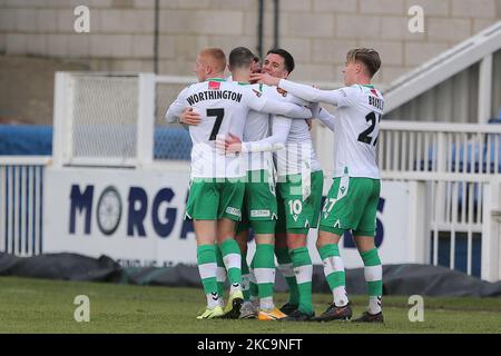 Tom Knowles of Yeovil Town celebrates after scoring their first goal during the Vanarama National League match between Hartlepool United and Yeovil Town at Victoria Park, Hartlepool on Saturday 20th February 2021. (Photo by Mark Fletcher/MI News/NurPhoto) Stock Photo