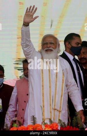 India Prime Minister Narendra Modi at the Public Meeting at Chuchura Dunlop play ground ahead of the upcoming West Bengal legislative assembly election , In Hooghly district ,West Bengal,India on February 22,2021. (Photo by Debajyoti Chakraborty/NurPhoto) Stock Photo