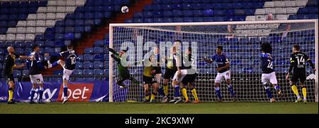 Oldham Athletic's Ian Lawlor (Goalkeeper) saves a shot during the Sky Bet League 2 match between Oldham Athletic and Barrow at Boundary Park, Oldham on Tuesday 23rd February 2021. (Credit: Eddie Garvey | MI News) (Photo by MI News/NurPhoto) Stock Photo