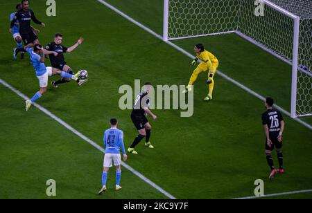 Gabriel Jesus of Manchester City FC big shoot during the VfL Borussia Mönchengladbach vs Manchester City FC UEFA Champions League round of 16, 1st leg match at at Puskás Aréna on Feb 24, 2021 in Budapest, Hungary. (Photo by Robert Szaniszló/NurPhoto) Stock Photo