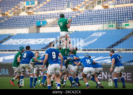 Number 19 of Ireland Ryan Baird wins a toucheduring the 2021 Guinness Six Nations Rugby Championship match between Italy and Ireland at the Olimpic Stadium (Stadio Olimpico) in Rome, Italy, on February 27, 2021. The match is played behind closed doors because of Covid19 pandemy. (Photo by Lorenzo Di Cola/NurPhoto) Stock Photo