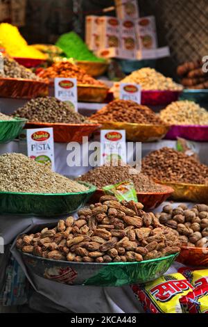 Nuts and snacks at a market food stall during Ramadan near the Jamia Masjid in Old Delhi, India. (Photo by Creative Touch Imaging Ltd./NurPhoto) Stock Photo