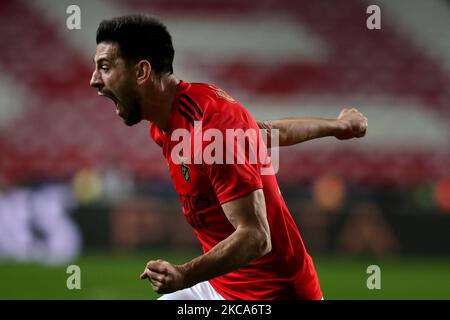 Pizzi of SL Benfica celebrates after scoring a goal during the Portuguese League football match between SL Benfica and Rio Ave FC at the Luz stadium in Lisbon, Portugal on March 1, 2021. (Photo by Pedro FiÃºza/NurPhoto) Stock Photo