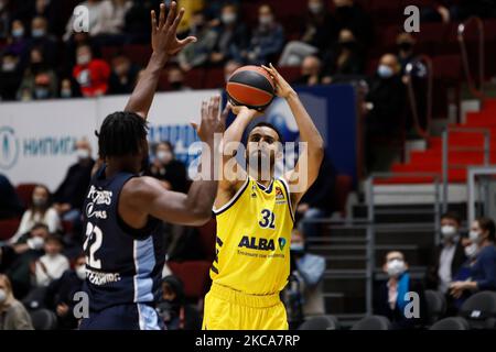 Johannes Thiemann (C) of ALBA Berlin in action during the EuroLeague Basketball match between Zenit St. Petersburg and ALBA Berlin on March 2, 2021 at Sibur Arena in Saint Petersburg, Russia. (Photo by Mike Kireev/NurPhoto) Stock Photo