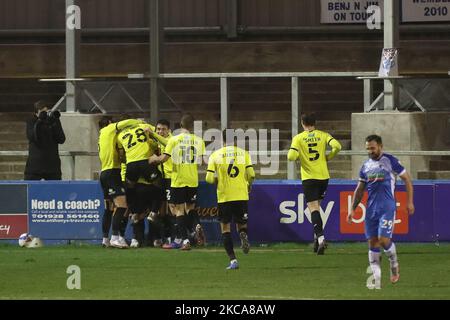 Harrogate Town's Jack Muldoon celebrates after scoring their winning goal during the Sky Bet League 2 match between Barrow and Harrogate Town at the Holker Street, Barrow-in-Furness on Tuesday 2nd March 2021. (Photo by Mark Fletcher/MI News/NurPhoto) Stock Photo