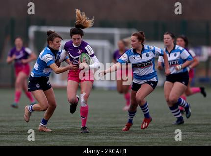 Amy Layzell of Darlington Mowden Park Sharks and Abbie Brown of Loughborough Lightning during the WOMEN'S ALLIANZ PREMIER 15S match between DMP Durham Sharks and Loughborough Ligntning at Maiden Castle, Durham City on Saturday 6th March 2021. (Photo by Chris Booth/MI News/NurPhoto) Stock Photo