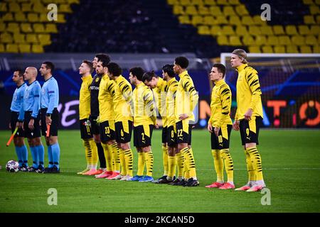 teams before the UEFA Champions League round of 16 match between Borussia Dortmund and Sevilla FC at Signal Iduna Park in Dortmund, Germany. (Photo by DAX Images/NurPhoto) Stock Photo