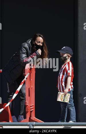 Kosovare Asllani of Real Madrid talking to a child supporter of Atletico during the Primera Iberdrola match between Club Atletico de Madrid Femenino and Real Madrid Femenino at at Wanda Sport Centre on March 14, 2021 in Madrid, Spain. (Photo by Jose Breton/Pics Action/NurPhoto) Stock Photo