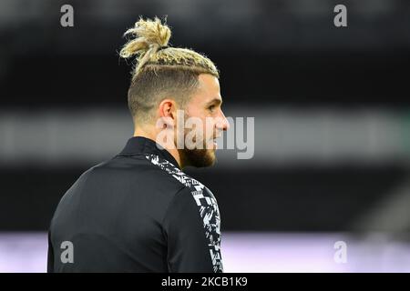 Emiliano Marcondes of Brentford warms up ahead of kick-off during the Sky Bet Championship match between Derby County and Brentford at the Pride Park, Derby on Tuesday 16th March 2021. (Photo by Jon Hobley/MI News/NurPhoto) Stock Photo