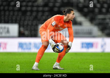 Derby County goalkeeper Kelle Roos in action during the Sky Bet Championship match between Derby County and Brentford at the Pride Park, Derby on Tuesday 16th March 2021. (Photo by Jon Hobley/MI News/NurPhoto) Stock Photo