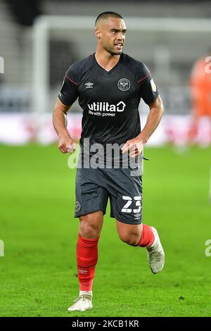 Mads Bech Sorensen of Brentford in action during the Sky Bet Championship match between Derby County and Brentford at the Pride Park, Derby on Tuesday 16th March 2021. (Photo by Jon Hobley/MI News/NurPhoto) Stock Photo