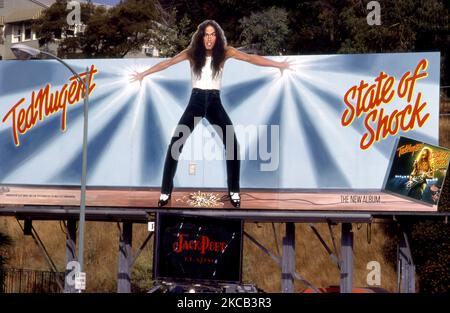 Billboard for Ted Nugent record State of Shock on the Sunset Strip in Los Angeles, CA, Aug. 1979 Stock Photo