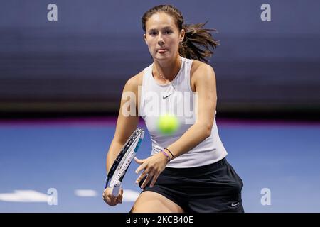 Daria Kasatkina of Russia during her WTA St. Petersburg Ladies Trophy 2021 tennis tournament second round match against Aliaksandra Sasnovich of Belarus on March 18, 2021 at Sibur Arena in Saint Petersburg, Russia. (Photo by Mike Kireev/NurPhoto) Stock Photo