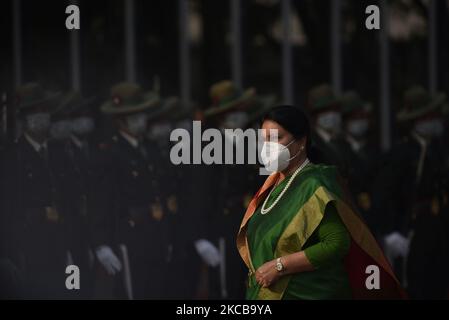 Nepalese Army personnel offer a guard of honor towards President Bidya Devi Bhandari before leave for two-day official state visit to Bangladesh on Monday, March 22, 2021 on invitation of her Bangladeshi counterpart Mohammad Abdul Hamid to attend the celebration of the birth centenary of Bangabandhu Sheikh Mujibur Rahman, the Father of the Nation of Bangladesh. (Photo by Narayan Maharjan/NurPhoto) Stock Photo