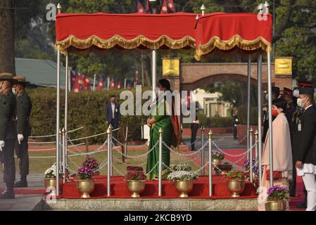 Nepalese Army personnel offer a guard of honor towards President Bidya Devi Bhandari before leave for two-day official state visit to Bangladesh on Monday, March 22, 2021 on invitation of her Bangladeshi counterpart Mohammad Abdul Hamid to attend the celebration of the birth centenary of Bangabandhu Sheikh Mujibur Rahman, the Father of the Nation of Bangladesh. (Photo by Narayan Maharjan/NurPhoto) Stock Photo