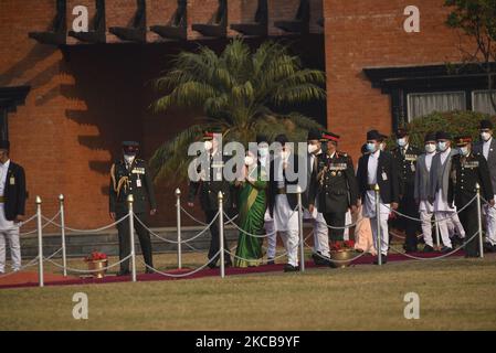 President Bidya Devi Bhandari arrive to leave for two-day official state visit to Bangladesh on Monday, March 22, 2021 on invitation of her Bangladeshi counterpart Mohammad Abdul Hamid to attend the celebration of the birth centenary of Bangabandhu Sheikh Mujibur Rahman, the Father of the Nation of Bangladesh. (Photo by Narayan Maharjan/NurPhoto) Stock Photo