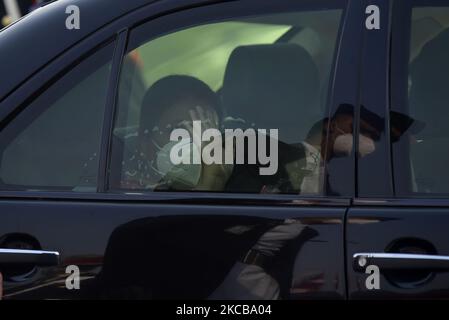 President Bidya Devi Bhandari along with face mask wave her hand before leave for two-day official state visit to Bangladesh on Monday, March 22, 2021 on invitation of her Bangladeshi counterpart Mohammad Abdul Hamid to attend the celebration of the birth centenary of Bangabandhu Sheikh Mujibur Rahman, the Father of the Nation of Bangladesh. (Photo by Narayan Maharjan/NurPhoto) Stock Photo