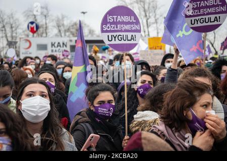 On 20 March 2021, demonstrators gathered in the Kadikoy district of Istanbul, Turkey, to protest against Turkish President Recep Tayyip Erdogan's decision earlier in the day to leave the Istanbul Convention, a European treaty designed to prevent violence against women. Protesters chanted feminist slogans and held up signs denouncing the government decision. (Photo by Diego Cupolo/NurPhoto) Stock Photo