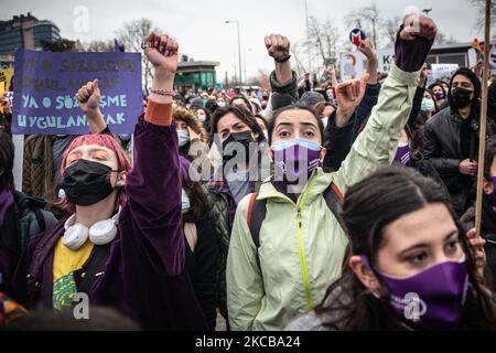 On 20 March 2021, demonstrators gathered in the Kadikoy district of Istanbul, Turkey, to protest against Turkish President Recep Tayyip Erdogan's decision earlier in the day to leave the Istanbul Convention, a European treaty designed to prevent violence against women. Protesters chanted feminist slogans and held up signs denouncing the government decision. (Photo by Diego Cupolo/NurPhoto) Stock Photo
