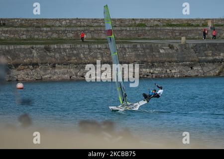 Members of the 49er Team Poland sailing in Dun Laoghaire harbour as prepare for training near the West Pier, during Level 5 Covid-19 lockdown. On Sunday, 21 March, 2021, in Dún Laoghaire, Dublin, Ireland. (Photo by Artur Widak/NurPhoto) Stock Photo