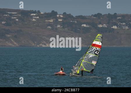 Members of the 49er Team Poland sailing in Dublin Bay seen from the West Pier in Dun Laoghaire harbour, during Level 5 Covid-19 lockdown. On Sunday, 21 March, 2021, in Dún Laoghaire, Dublin, Ireland. (Photo by Artur Widak/NurPhoto) Stock Photo