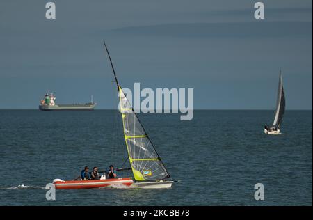 Members of the 49er Team Poland sailing finish their training practice in Dublin Bay and return to Dun Laoghaire harbour, during Level 5 Covid-19 lockdown. On Sunday, 21 March, 2021, in Dún Laoghaire, Dublin, Ireland. (Photo by Artur Widak/NurPhoto) Stock Photo