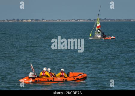 Members of the 49er Team Poland sailing in Dublin Bay seen from the West Pier in Dun Laoghaire harbour, during Level 5 Covid-19 lockdown. On Sunday, 21 March, 2021, in Dún Laoghaire, Dublin, Ireland. (Photo by Artur Widak/NurPhoto) Stock Photo