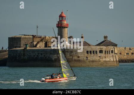 Members of the 49er Team Poland sailing finish their training practice in Dublin Bay and return to Dun Laoghaire harbour, during Level 5 Covid-19 lockdown. On Sunday, 21 March, 2021, in Dún Laoghaire, Dublin, Ireland. (Photo by Artur Widak/NurPhoto) Stock Photo