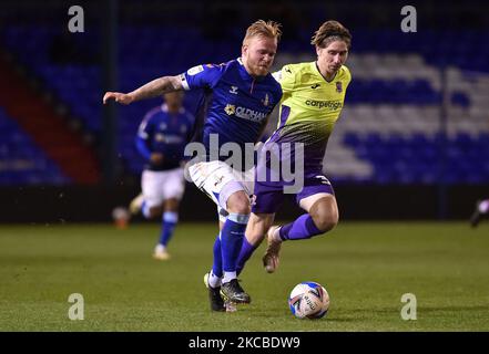 Oldham Athletic's Marcel Hilssner tussles with Alex Hartridge of Exeter City during the Sky Bet League 2 match between Oldham Athletic and Exeter City at Boundary Park, Oldham on Tuesday 23rd March 2021. (Photo by Eddie Garvey/MI News/NurPhoto) Stock Photo