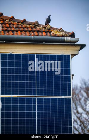 A number of solar collector panels are attached to the front wall of an old house in the center of Krakow, Poland on March 26, 2021. The recent boom in solar energy has been fuelled in part by photovoltaic micro-installations on people’s homes, supported by a successful state subsidy scheme. The development comes as the government seeks to gradually transition away from reliance on coal, with renewables playing an ever larger role in the country’s energy mix. (Photo by Beata Zawrzel/NurPhoto) Stock Photo