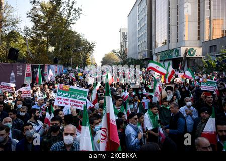 Tehran, Iran. 04th Nov, 2022. A demonstration in front of the former U.S. Embassy in Tehran, Iran, Friday, Nov. 4, 2022. Iran on Friday marked the 1979 takeover of the U.S. Embassy in Tehran as its theocracy faces nationwide protests after the death of a 22-year-old woman earlier arrested by the country's morality police. (Photo by Sobhan Farajvan/Pacific Press) Credit: Pacific Press Media Production Corp./Alamy Live News Stock Photo