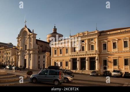 A view of the rebuilt Santa Maria del Suffragio Church (Chiesa delle Anime Sante) in L'Aquila, Italy on March 29, 2021. On April 6th, 2009, a violent earthquake destroyed lots of buildings and causing 309 victims. (Photo by Lorenzo Di Cola/NurPhoto) Stock Photo