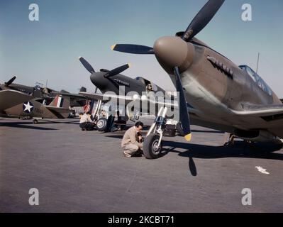 P-51 Mustang fighter planes being prepared for test flight during World War II, 1942. Stock Photo