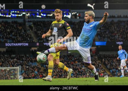 Sergio Aguero of Manchester City in action with Southampton's Stuart Armstrong during the Carabao Cup Fourth Round match between Manchester City and Southampton at the Etihad Stadium, Manchester on Tuesday 29th October 2019. (Photo by Mark Fletcher/MI News/NurPhoto) Stock Photo